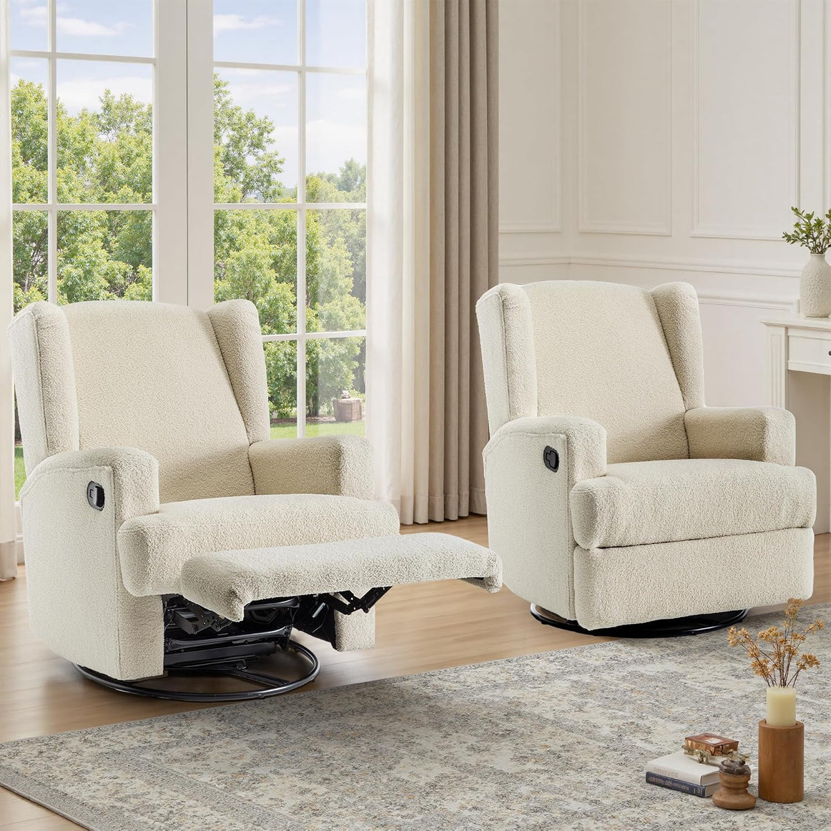 Swivel Rocker Recliner Chair, Floral Wingback Armchair, Navy