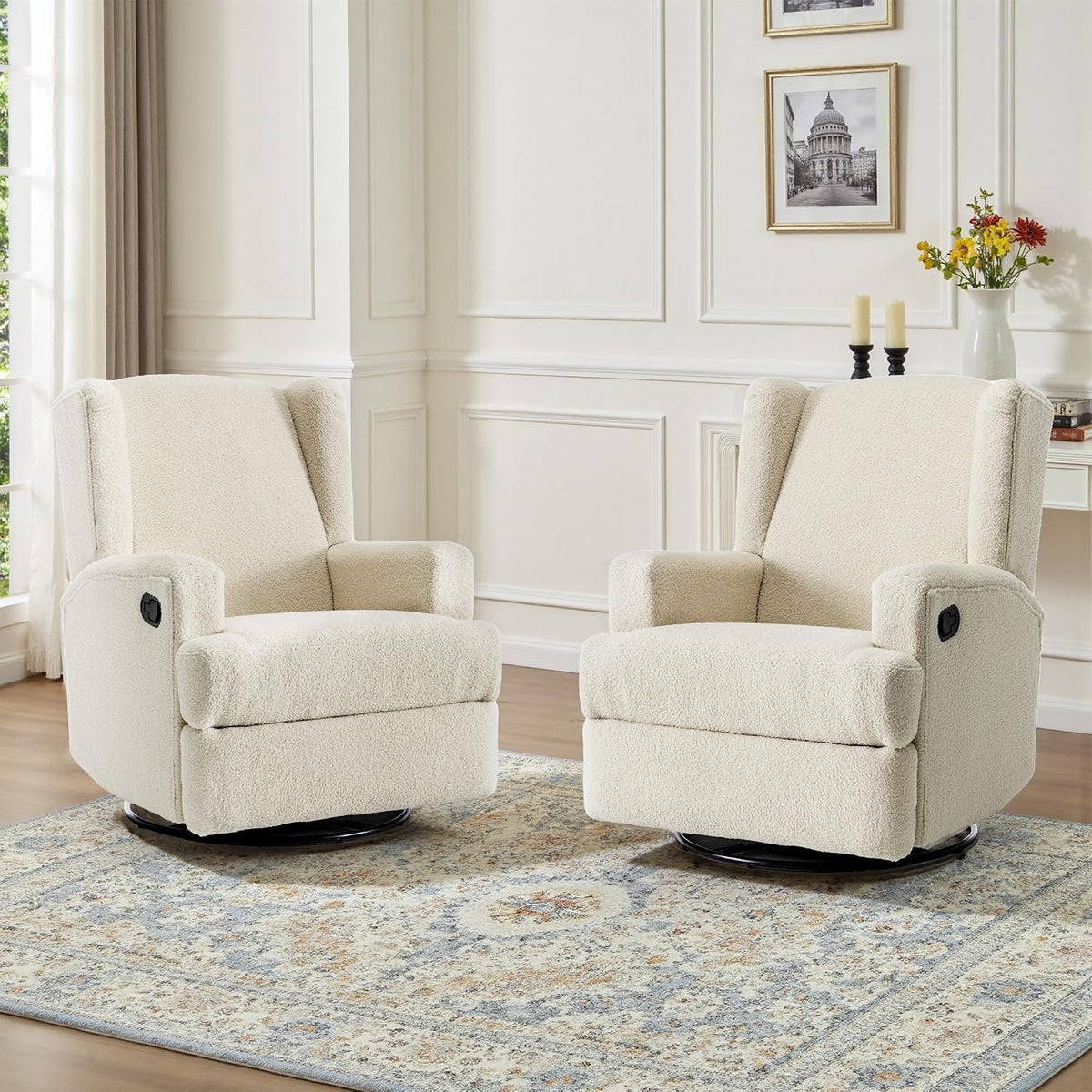 Swivel Rocker Recliner Chair, Floral Wingback Armchair, Navy