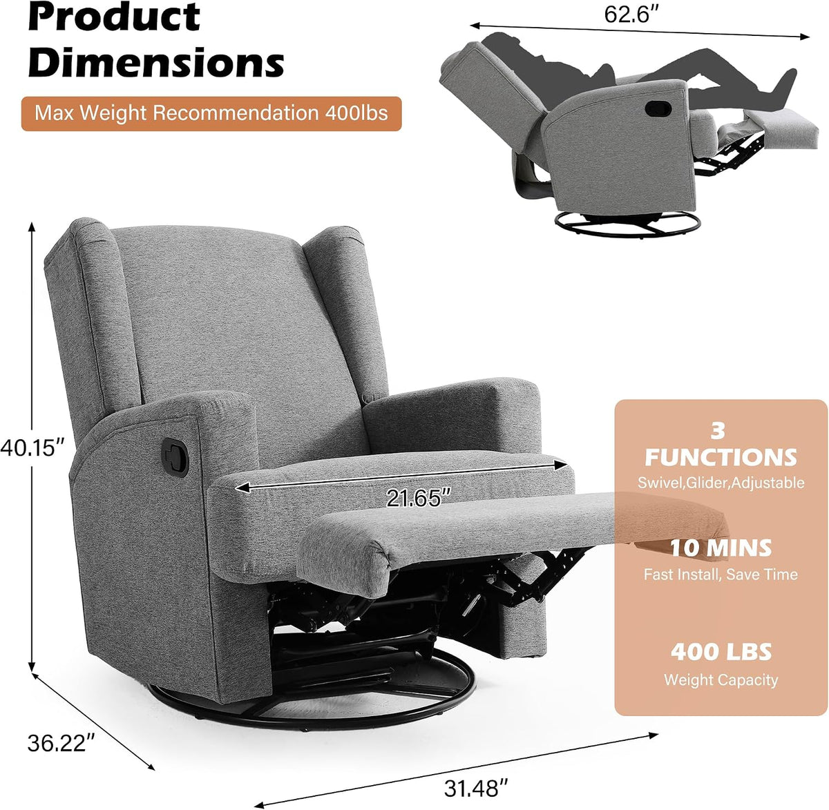 Swivel Rocker Recliner Chair, Floral Wingback Armchair, Navy