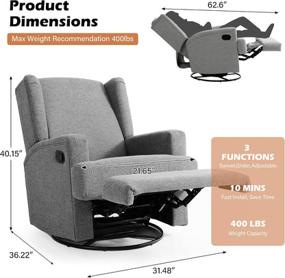 Swivel Rocker Recliner Chair, Floral Wingback Armchair, Navy