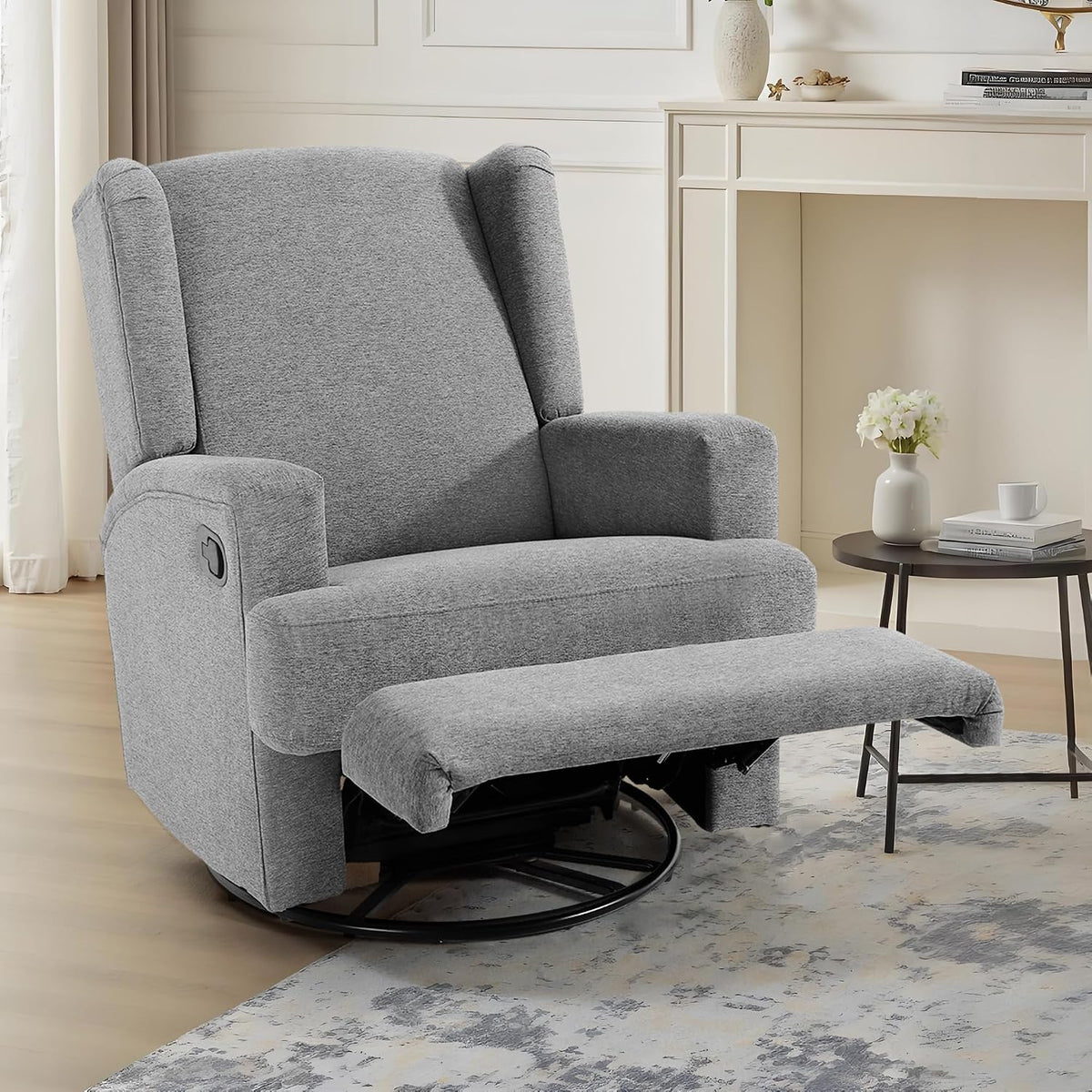 Swivel Rocker Recliner Chair, Floral Wingback Armchair, Navy