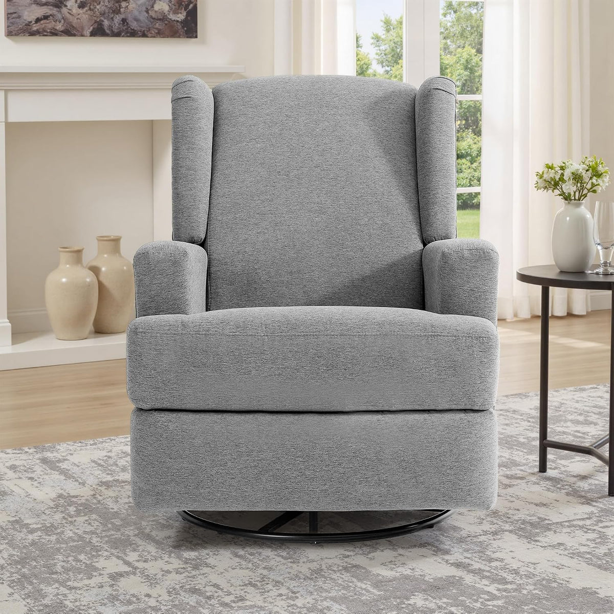 Swivel Rocker Recliner Chair, Floral Wingback Armchair, Navy