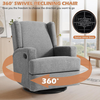 Swivel Rocker Recliner Chair, Floral Wingback Armchair, Navy
