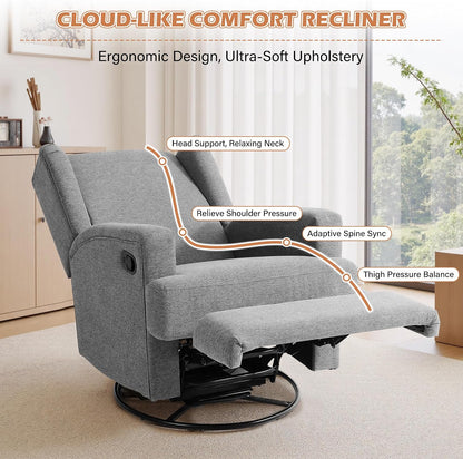 Swivel Rocker Recliner Chair, Floral Wingback Armchair, Navy