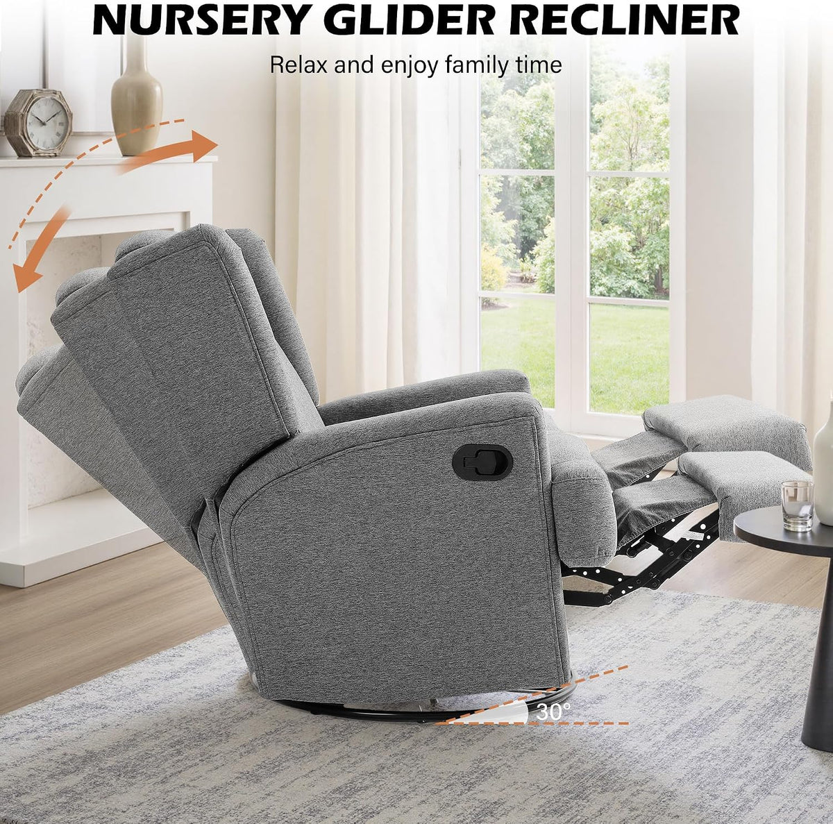 Swivel Rocker Recliner Chair, Floral Wingback Armchair, Navy