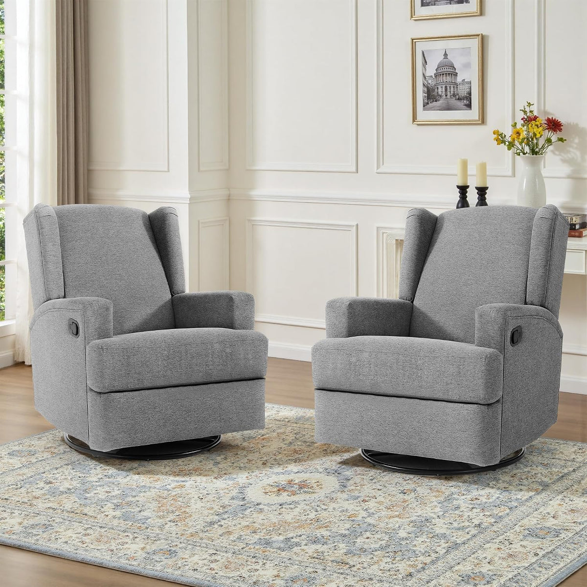 Swivel Rocker Recliner Chair, Floral Wingback Armchair, Navy