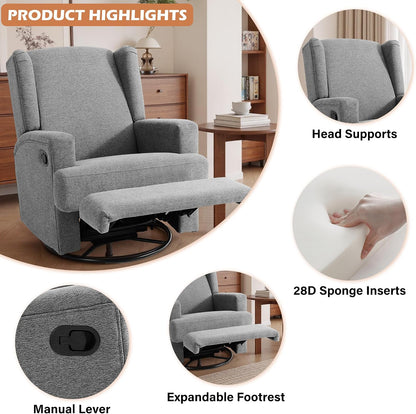Swivel Rocker Recliner Chair, Floral Wingback Armchair, Navy