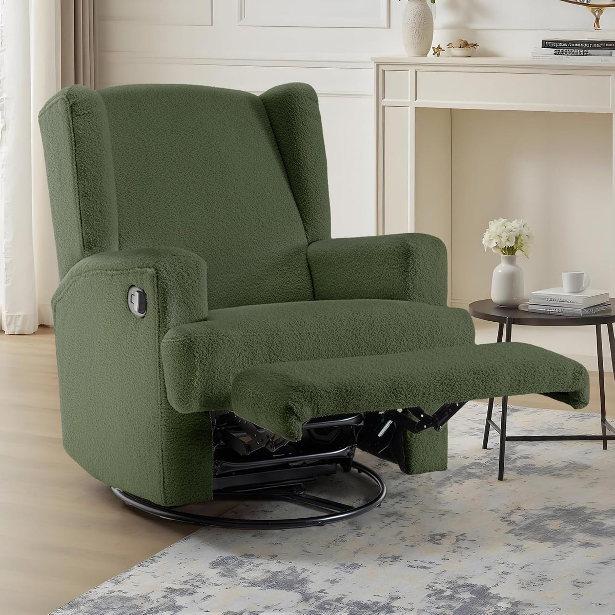 Swivel Rocker Recliner Chair, Floral Wingback Armchair, Navy