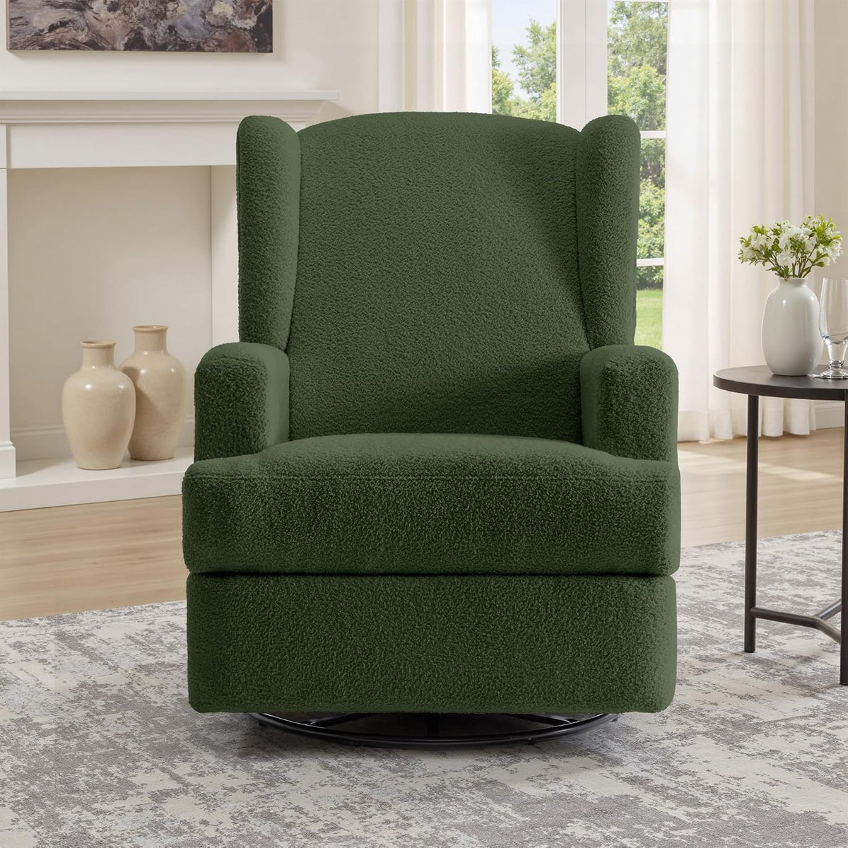 Swivel Rocker Recliner Chair, Floral Wingback Armchair, Navy