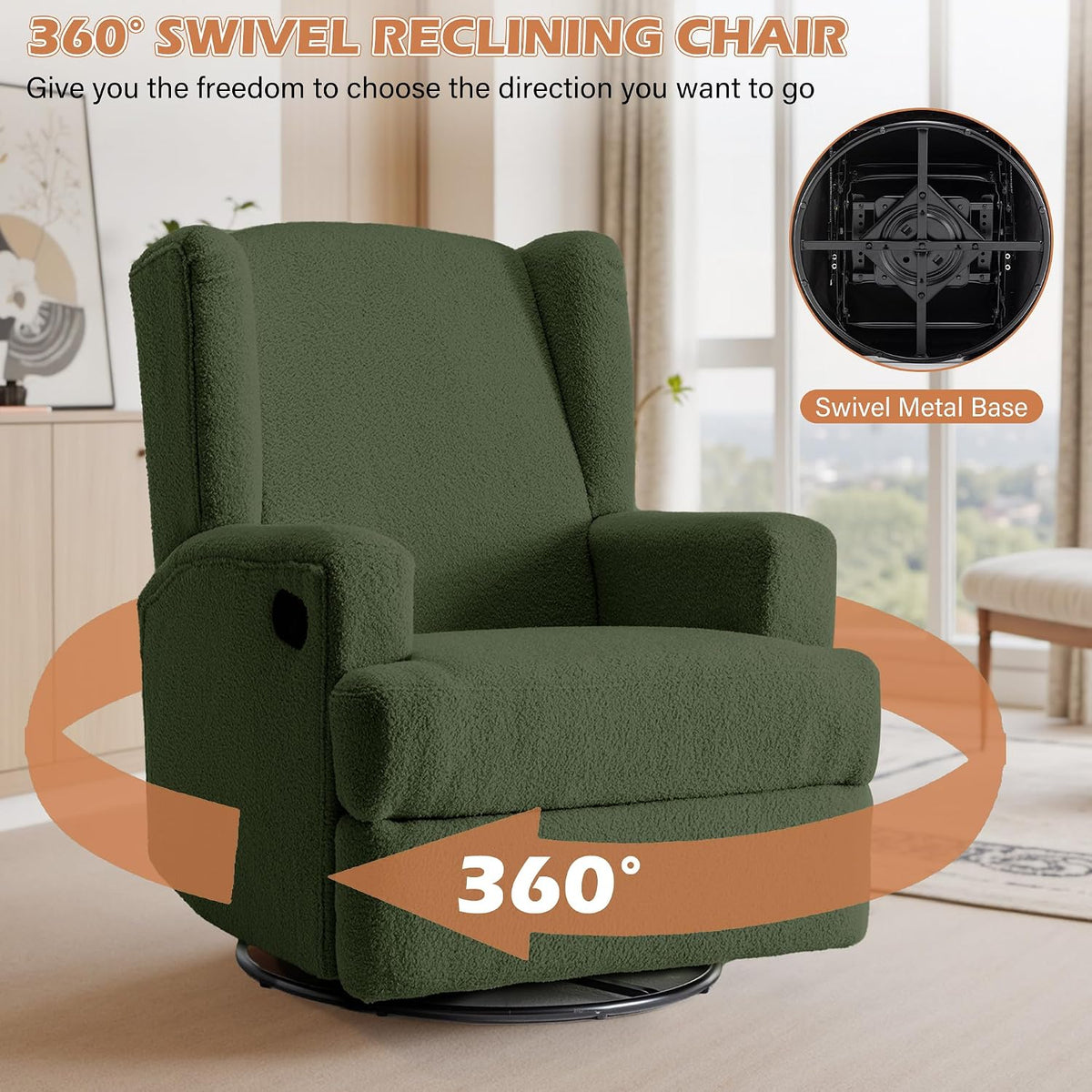 Swivel Rocker Recliner Chair, Floral Wingback Armchair, Navy