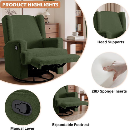 Swivel Rocker Recliner Chair, Floral Wingback Armchair, Navy