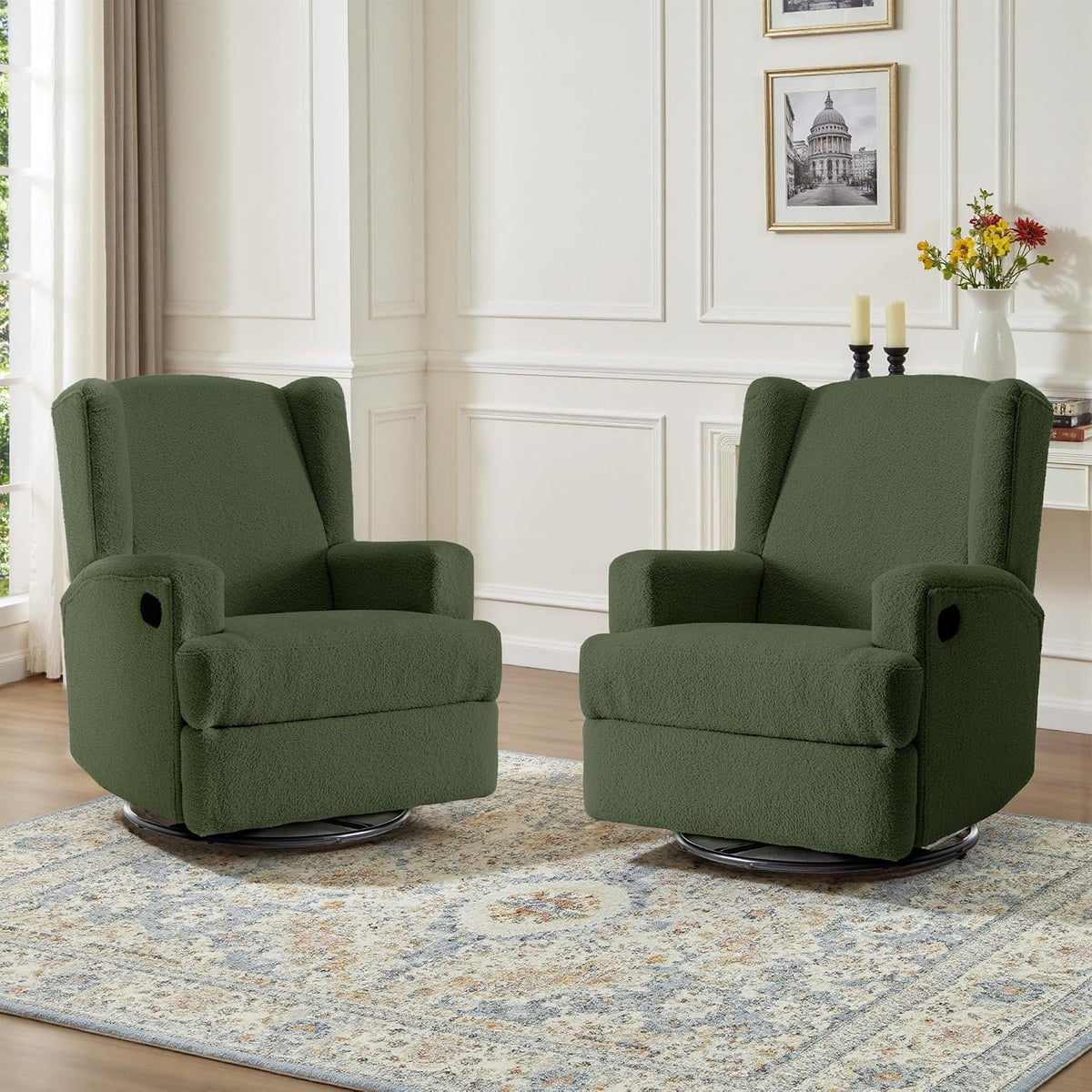 Swivel Rocker Recliner Chair, Floral Wingback Armchair, Navy