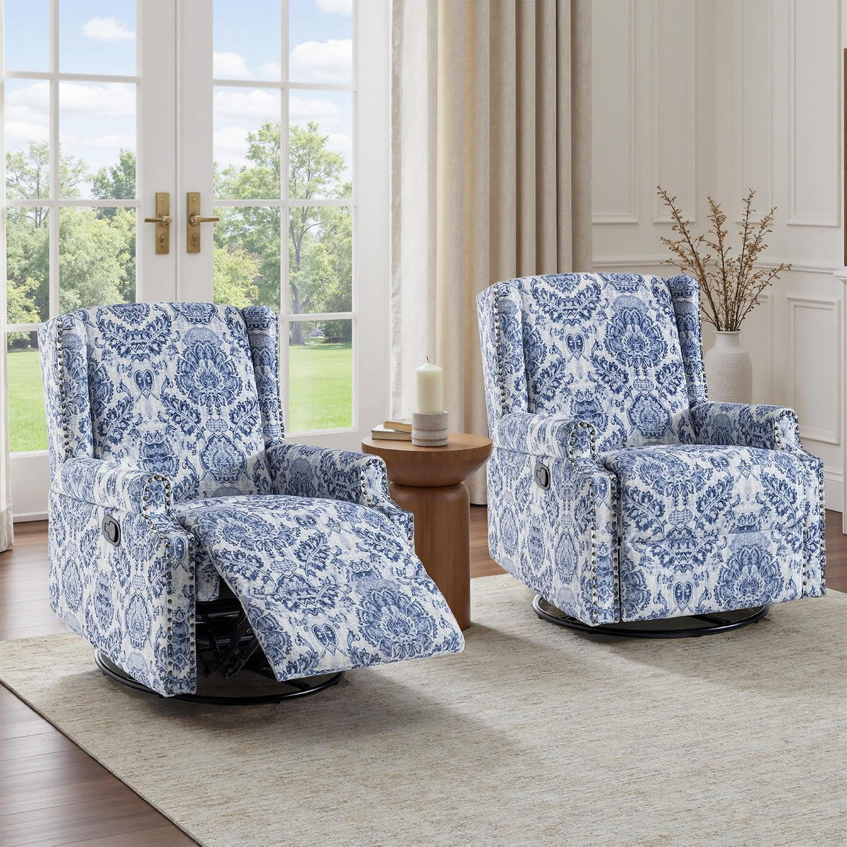 Swivel Rocker Recliner Chair, Floral Wingback Armchair, Navy