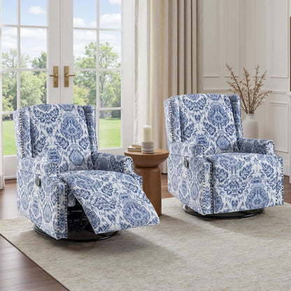Swivel Rocker Recliner Chair, Floral Wingback Armchair, Navy