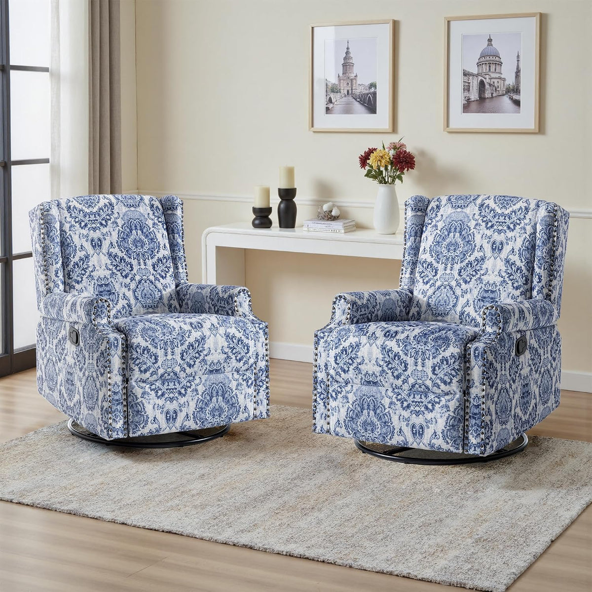 Swivel Rocker Recliner Chair, Floral Wingback Armchair, Navy