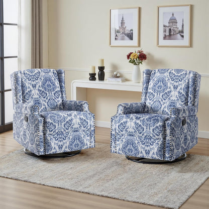 Swivel Rocker Recliner Chair, Floral Wingback Armchair, Navy