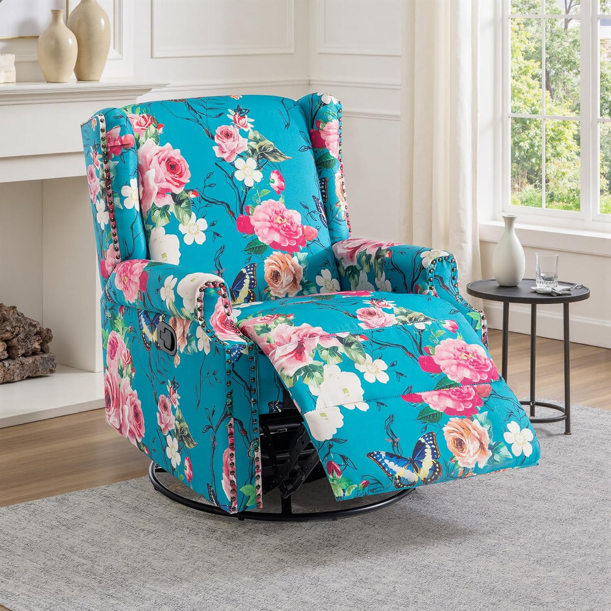 Swivel Rocker Recliner Chair, Floral Wingback Armchair, Navy