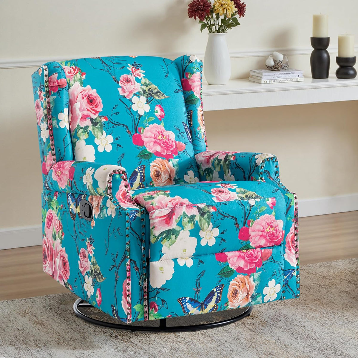 Swivel Rocker Recliner Chair, Floral Wingback Armchair, Navy