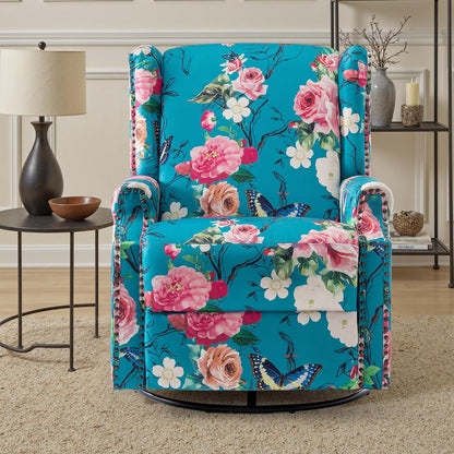 Swivel Rocker Recliner Chair, Floral Wingback Armchair, Navy