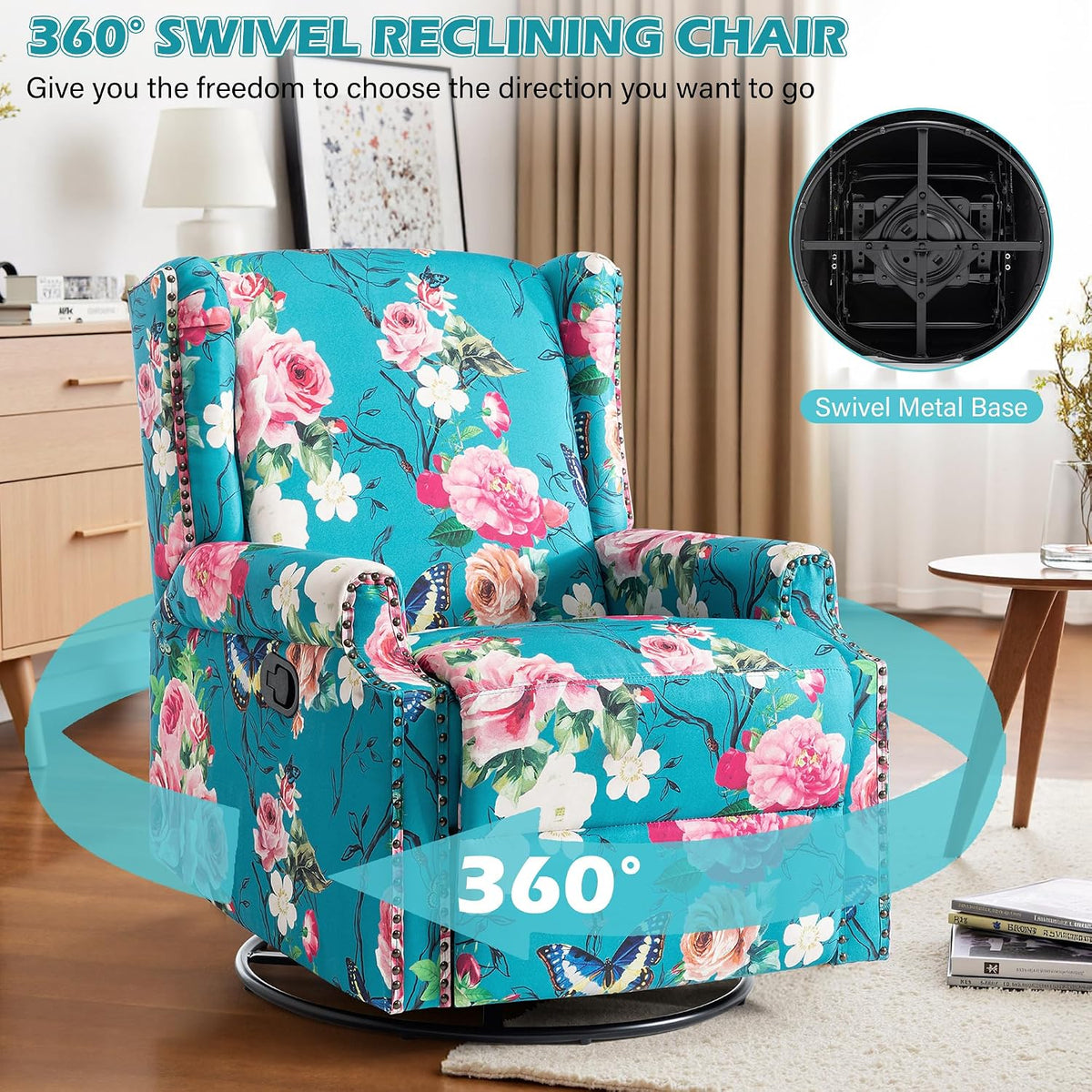 Swivel Rocker Recliner Chair, Floral Wingback Armchair, Navy