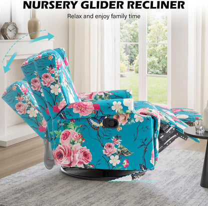 Swivel Rocker Recliner Chair, Floral Wingback Armchair, Navy