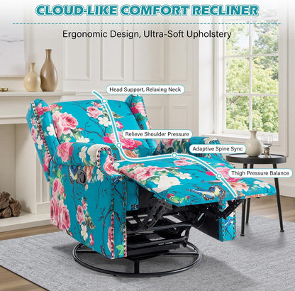 Swivel Rocker Recliner Chair, Floral Wingback Armchair, Navy