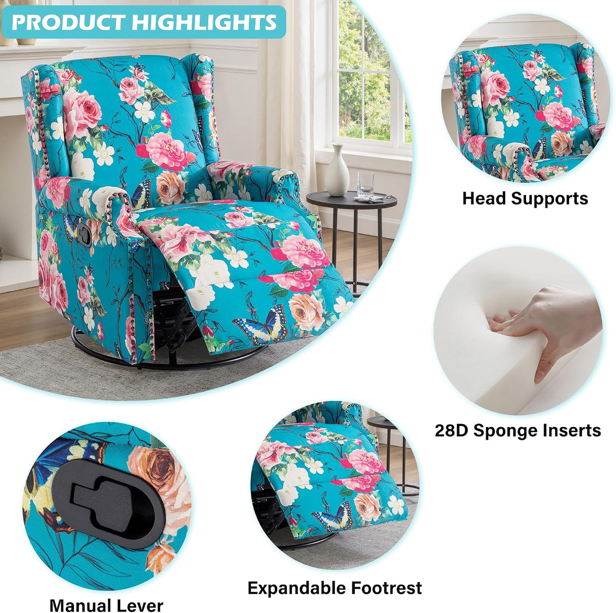 Swivel Rocker Recliner Chair, Floral Wingback Armchair, Navy