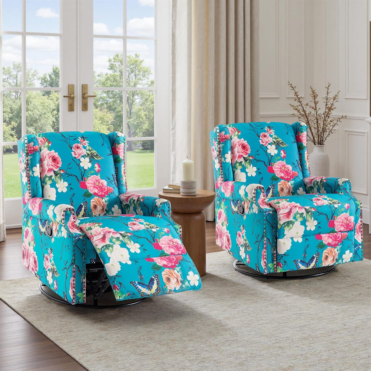 Swivel Rocker Recliner Chair, Floral Wingback Armchair, Navy