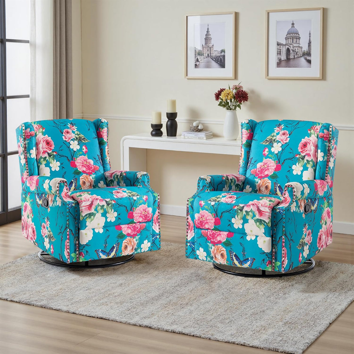 Swivel Rocker Recliner Chair, Floral Wingback Armchair, Navy