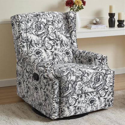 Swivel Rocker Recliner Chair, Floral Wingback Armchair, Navy