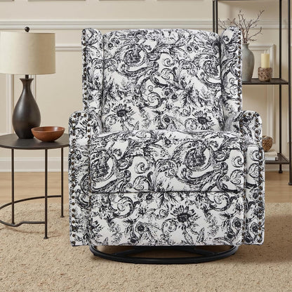 Swivel Rocker Recliner Chair, Floral Wingback Armchair, Navy