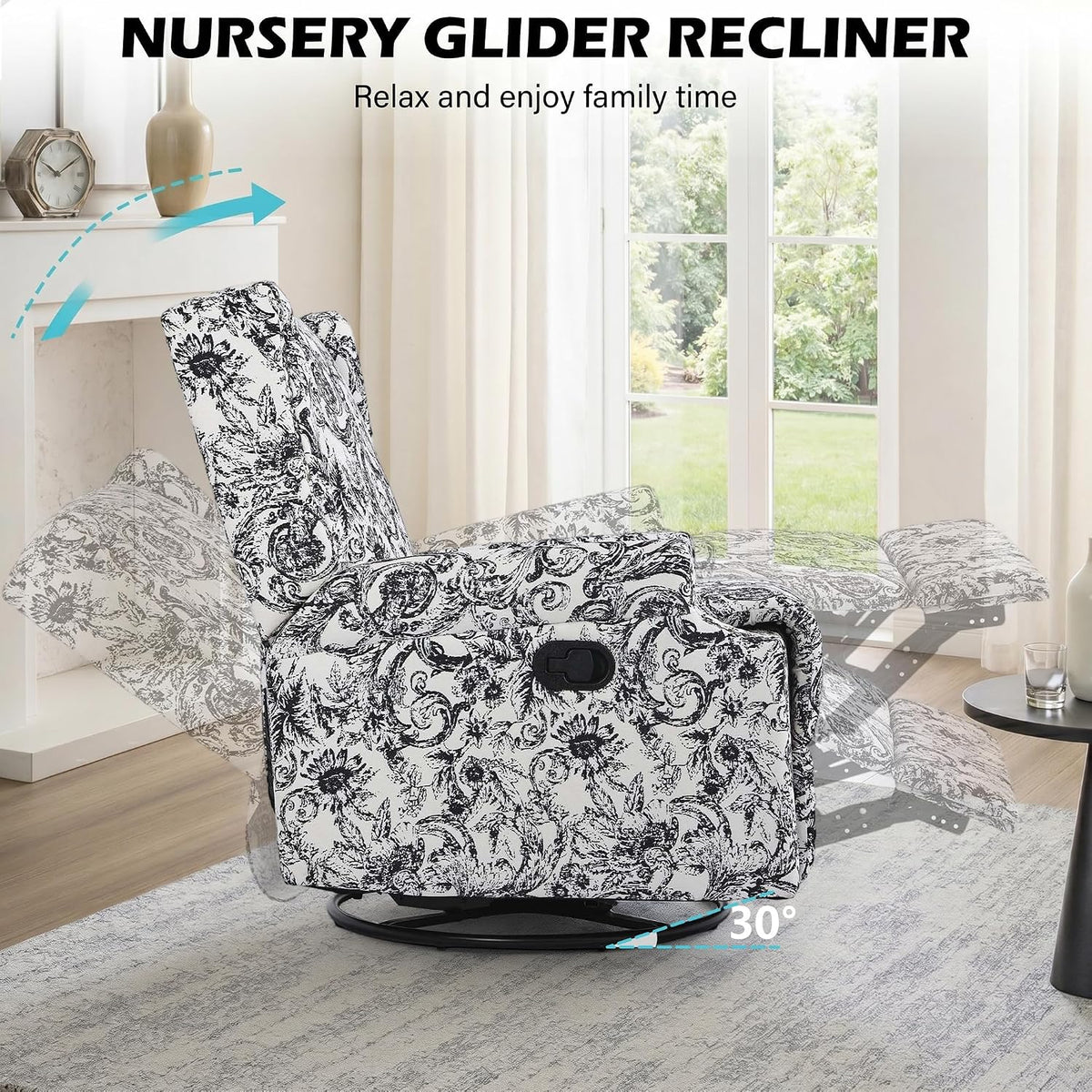 Swivel Rocker Recliner Chair, Floral Wingback Armchair, Navy