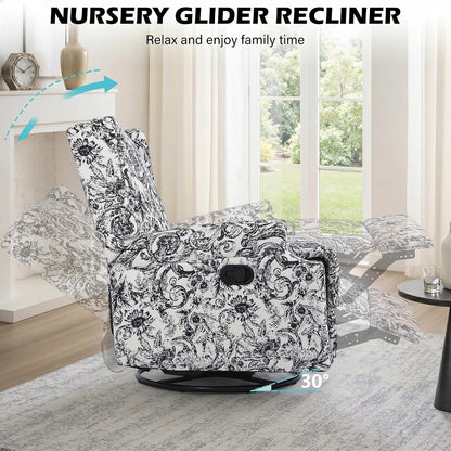 Swivel Rocker Recliner Chair, Floral Wingback Armchair, Navy