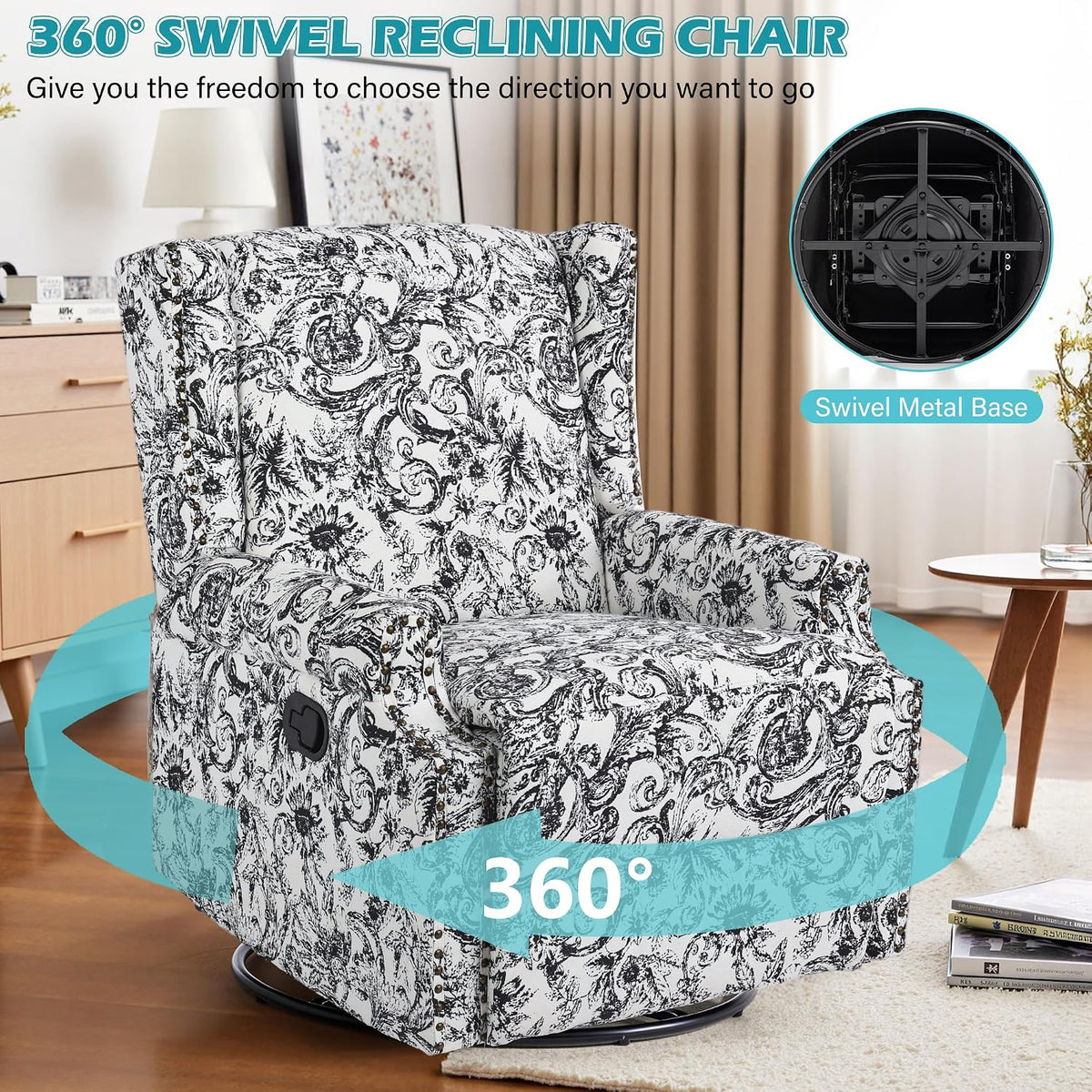 Swivel Rocker Recliner Chair, Floral Wingback Armchair, Navy