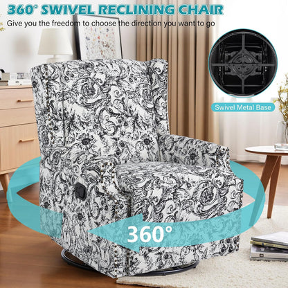 Swivel Rocker Recliner Chair, Floral Wingback Armchair, Navy