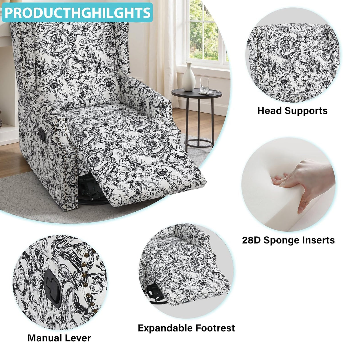 Swivel Rocker Recliner Chair, Floral Wingback Armchair, Navy