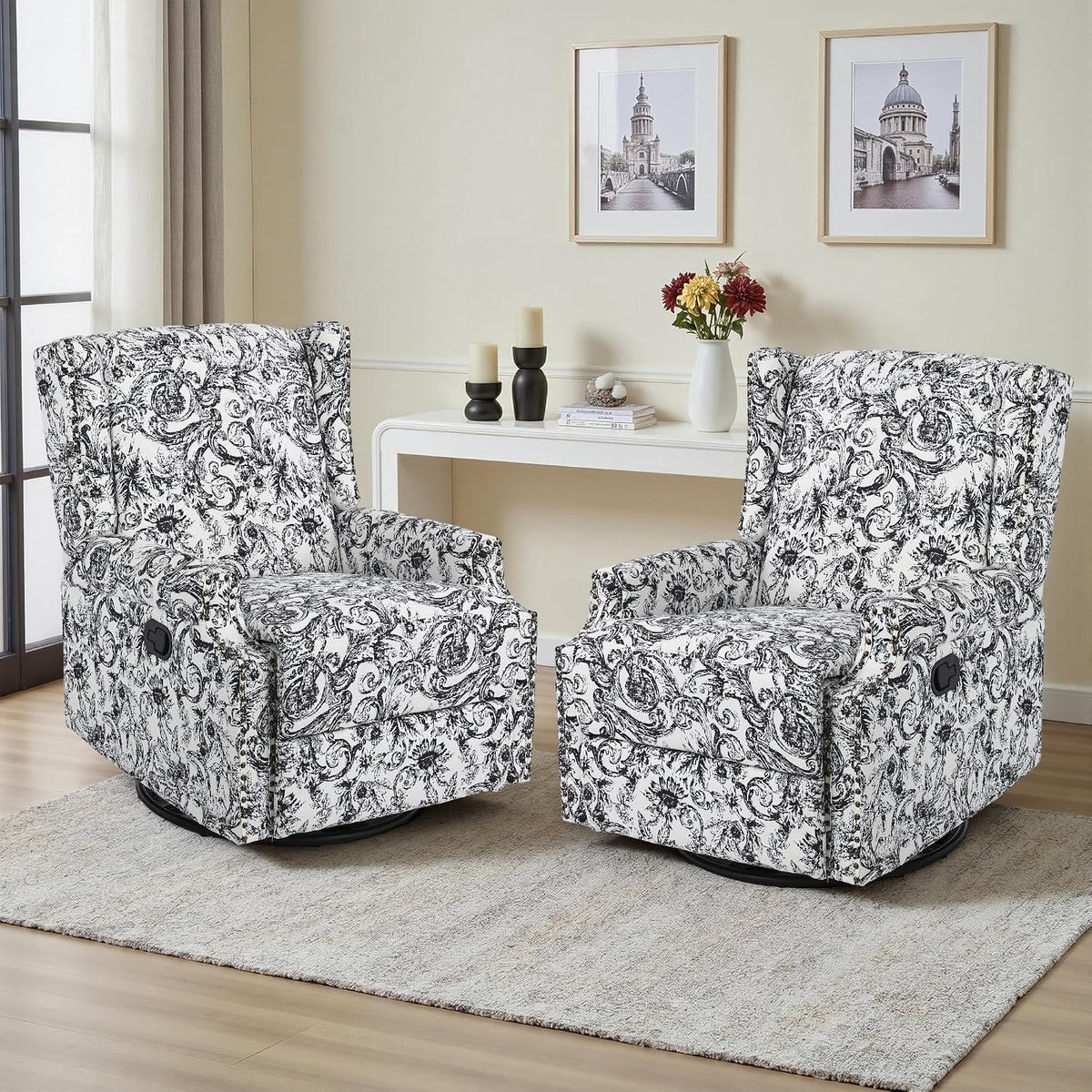 Swivel Rocker Recliner Chair, Floral Wingback Armchair, Navy