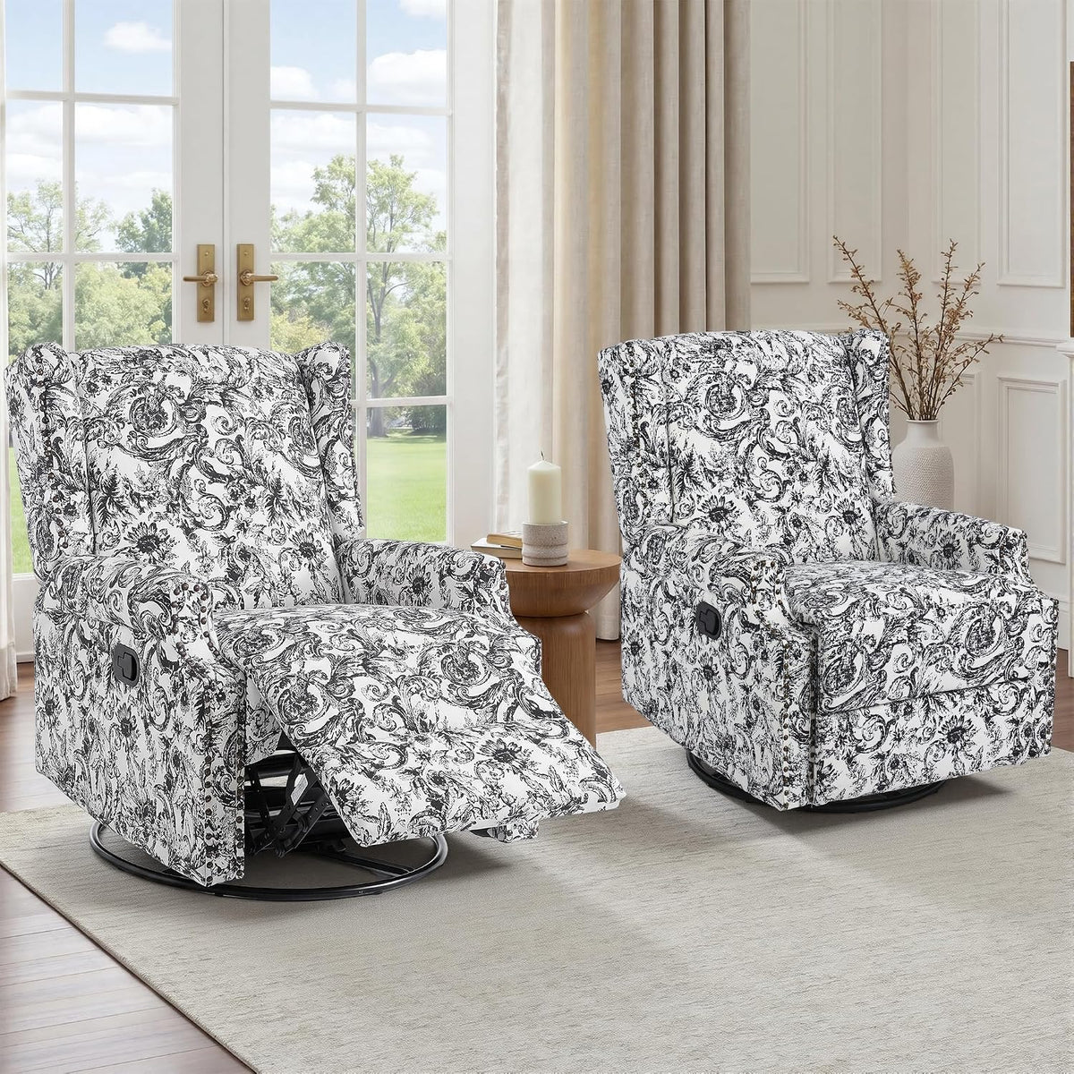 Swivel Rocker Recliner Chair, Floral Wingback Armchair, Navy