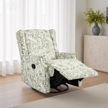 Swivel Rocker Recliner Chair, Floral Wingback Armchair, Navy