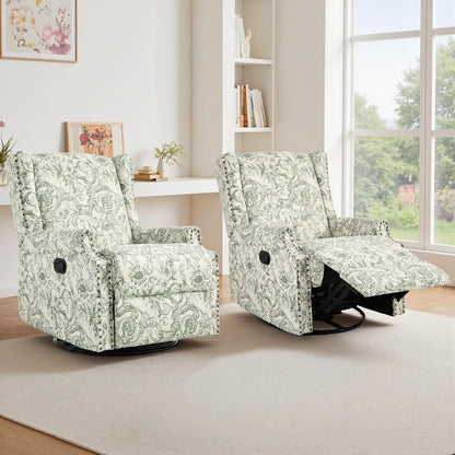 Swivel Rocker Recliner Chair, Floral Wingback Armchair, Navy