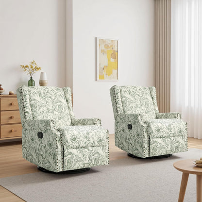 Swivel Rocker Recliner Chair, Floral Wingback Armchair, Navy