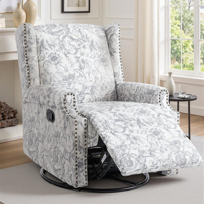 Swivel Rocker Recliner Chair, Floral Wingback Armchair, Navy