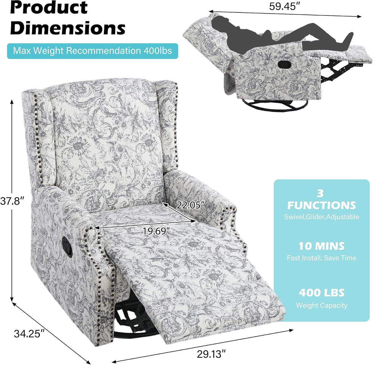 Swivel Rocker Recliner Chair, Floral Wingback Armchair, Navy