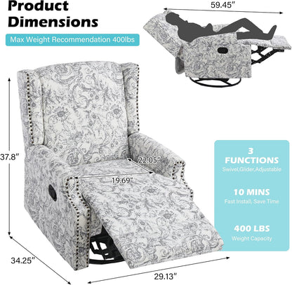 Swivel Rocker Recliner Chair, Floral Wingback Armchair, Navy