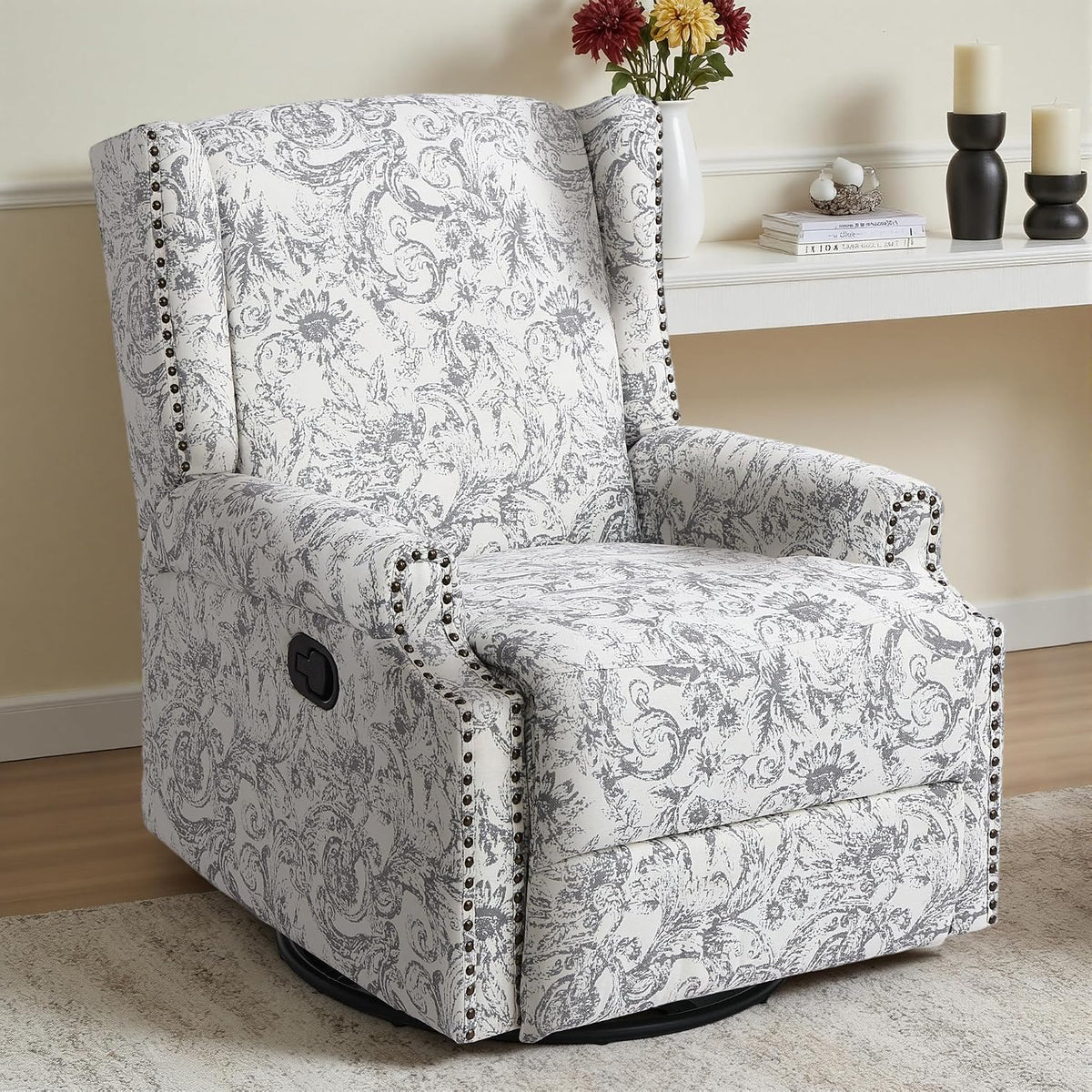 Swivel Rocker Recliner Chair, Floral Wingback Armchair, Navy