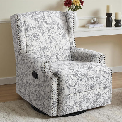 Swivel Rocker Recliner Chair, Floral Wingback Armchair, Navy