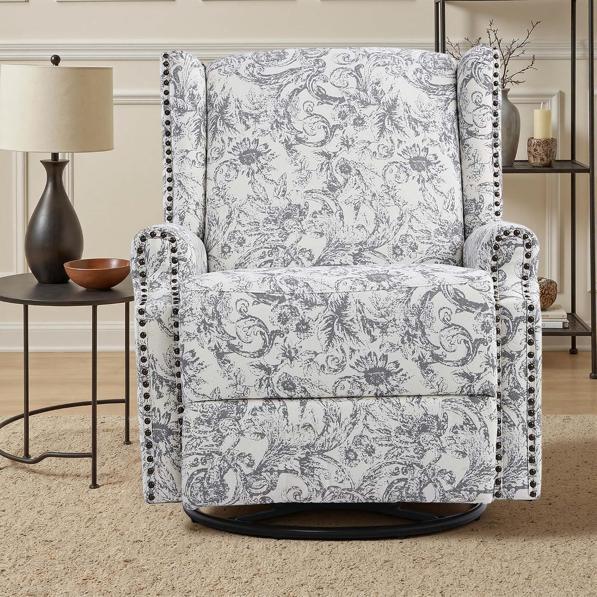 Swivel Rocker Recliner Chair, Floral Wingback Armchair, Navy