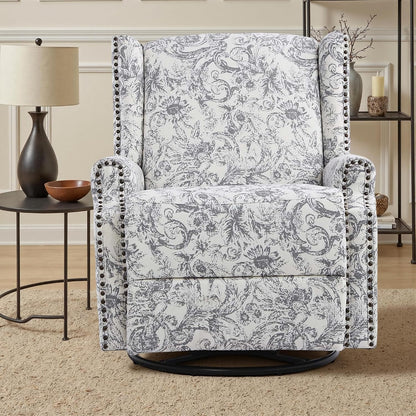 Swivel Rocker Recliner Chair, Floral Wingback Armchair, Navy