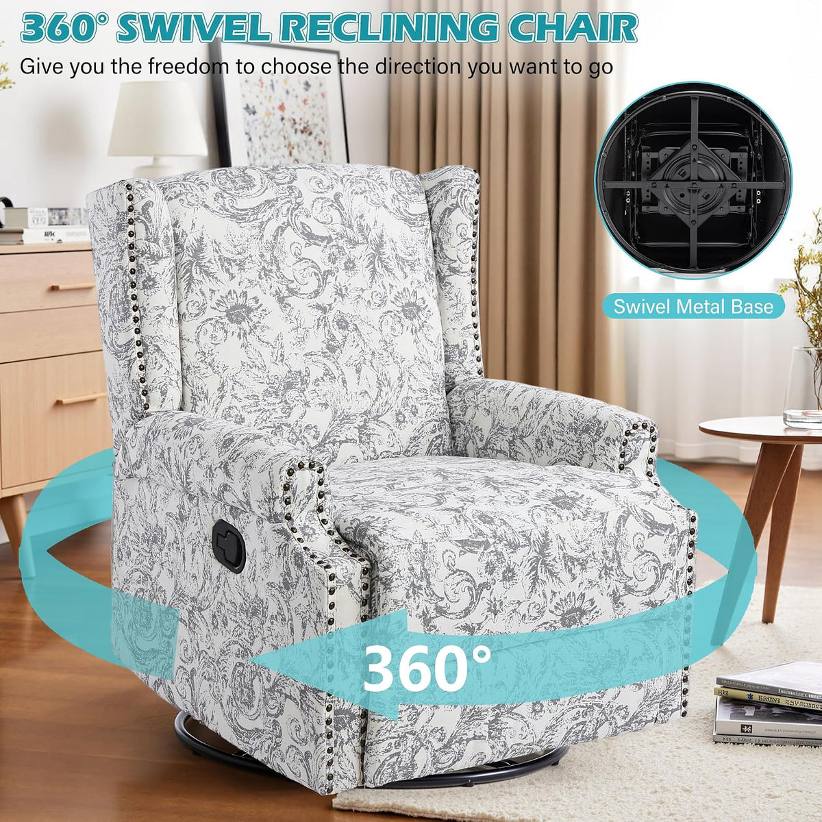 Swivel Rocker Recliner Chair, Floral Wingback Armchair, Navy