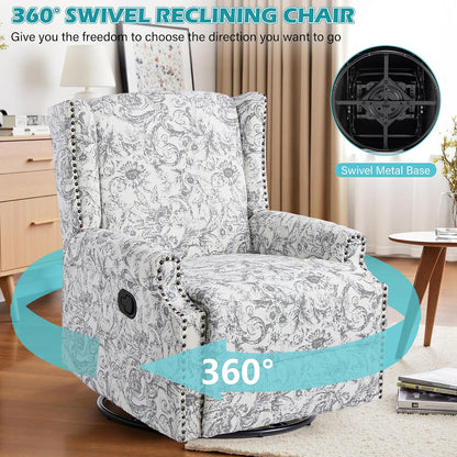 Swivel Rocker Recliner Chair, Floral Wingback Armchair, Navy